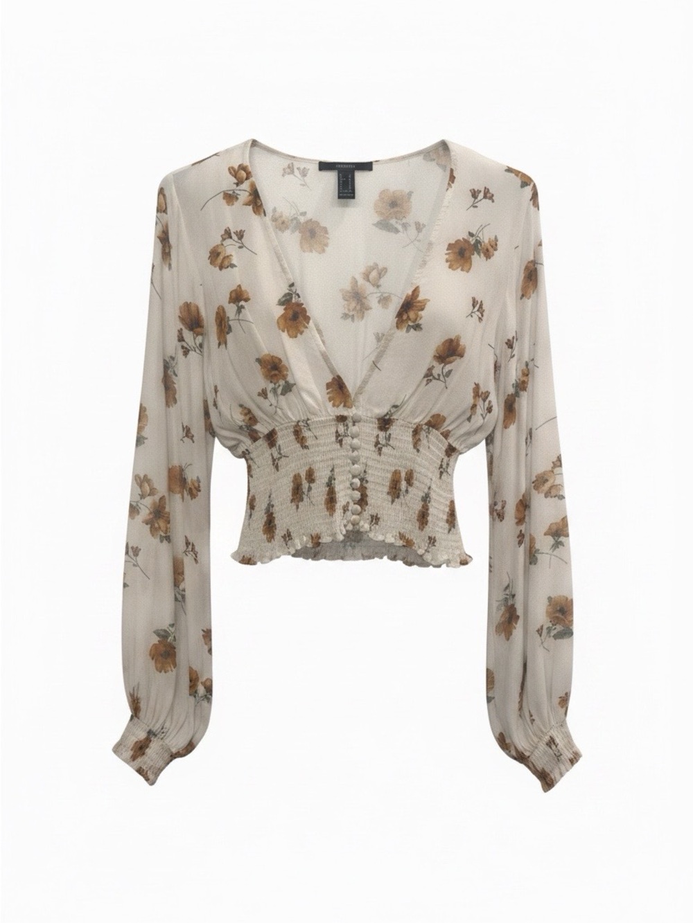 Forever 21 Cream Floral Long-Sleeve Smocked Crop Top
